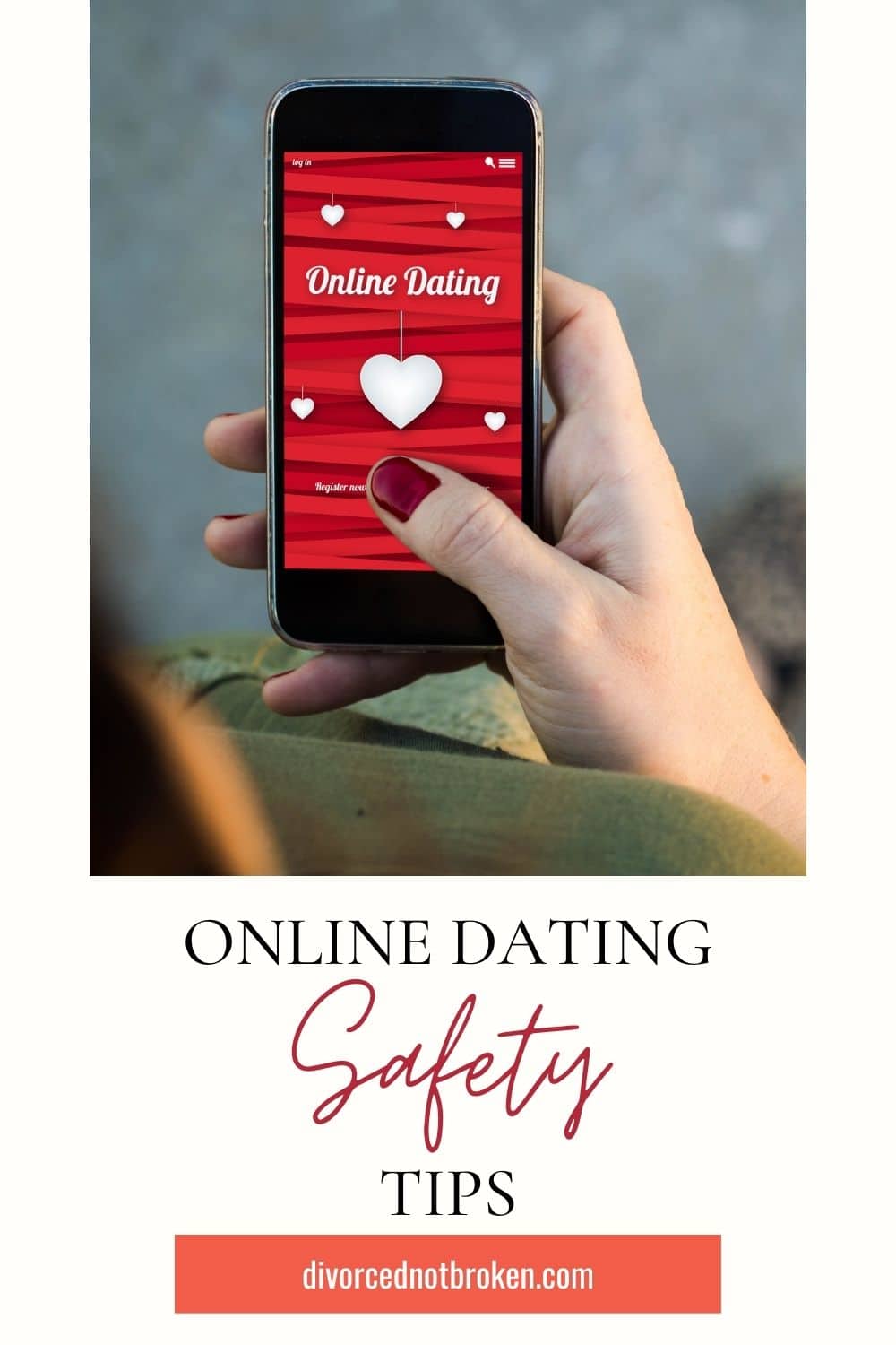 A woman's hand with red nail polish holding a cell phone with an online dating app on the screen.