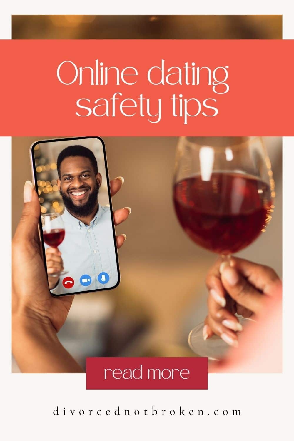 A woman holding a wine glass with red wine in one hand and her cell phone with the image of her date holding a glass of red wine in the other.