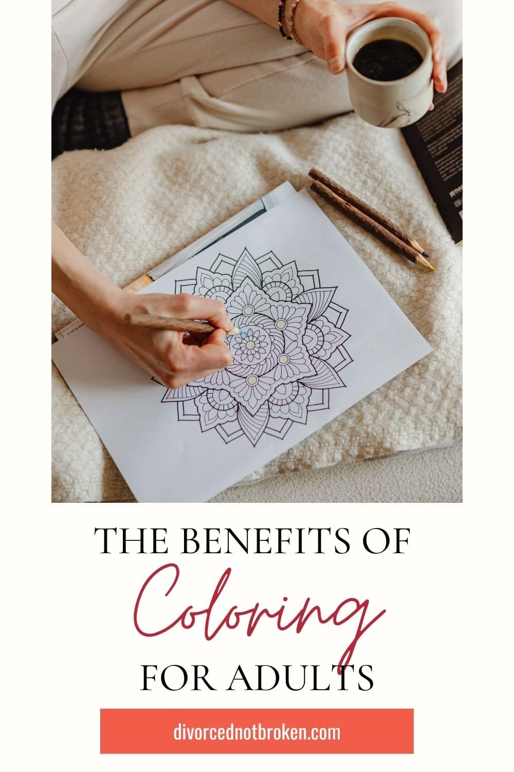 As adult woman coloring a mandala with title graphic. 