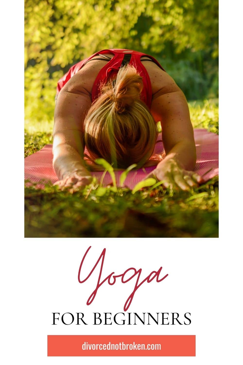 A woman in workout clothes facedown on a pink yoga mat with title graphic across the bottom. 