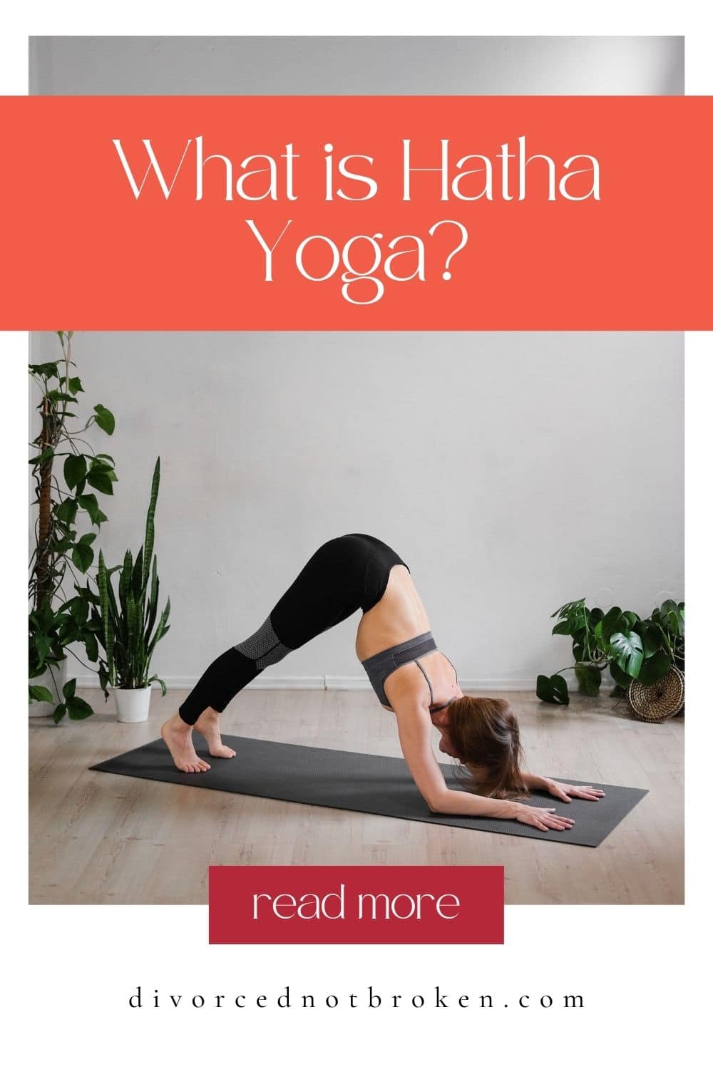 Woman wearing black workout clothes in downward dog yoga position with title graphic across the top. 